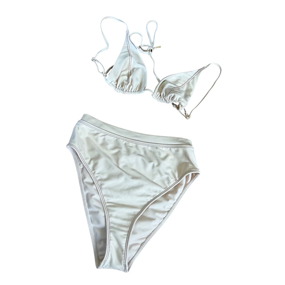 Monday Swimwear Ivory Ribbed Triangle Bikini Top and High Waisted Bottom Set M